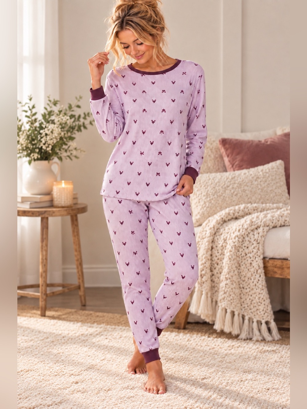 Disney Minnie Mouse Pajama Set Women's M Purple Plum 2 Piece Long Sleeve PJs